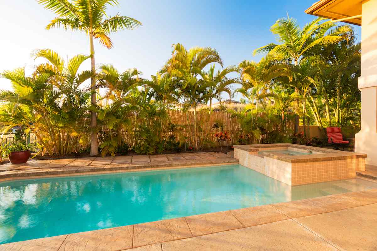 diagonally patterned stamped concrete pool deck in Scottsdale AZ